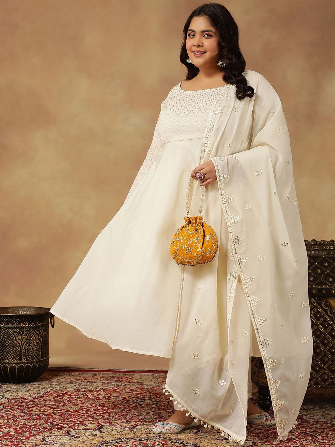Dhiyona IN Chevron Embroidered Thread Work Anarkali Cotton Kurta with Trouser & Dupatta