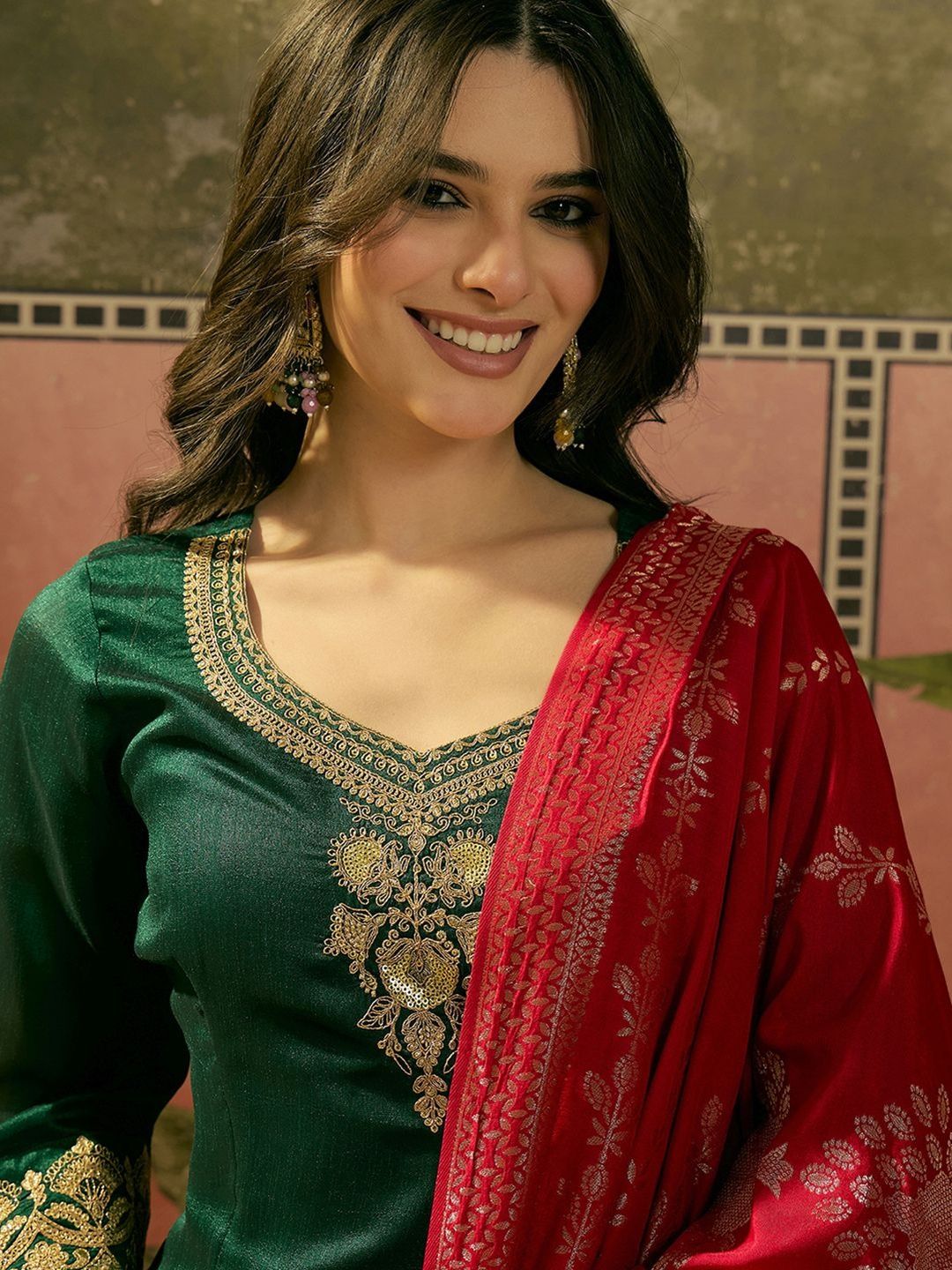 Dhiyona SN Embroidered A-Line Kurta With Palazzo & Dupatta