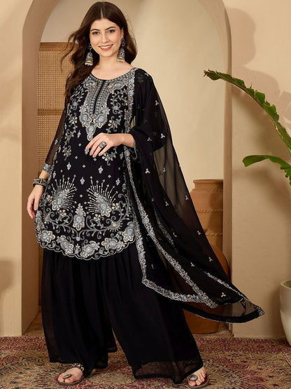 Dhiyona SN Ethnic Motifs Embroidered Sequinned Kurta With Sharara & Dupatta