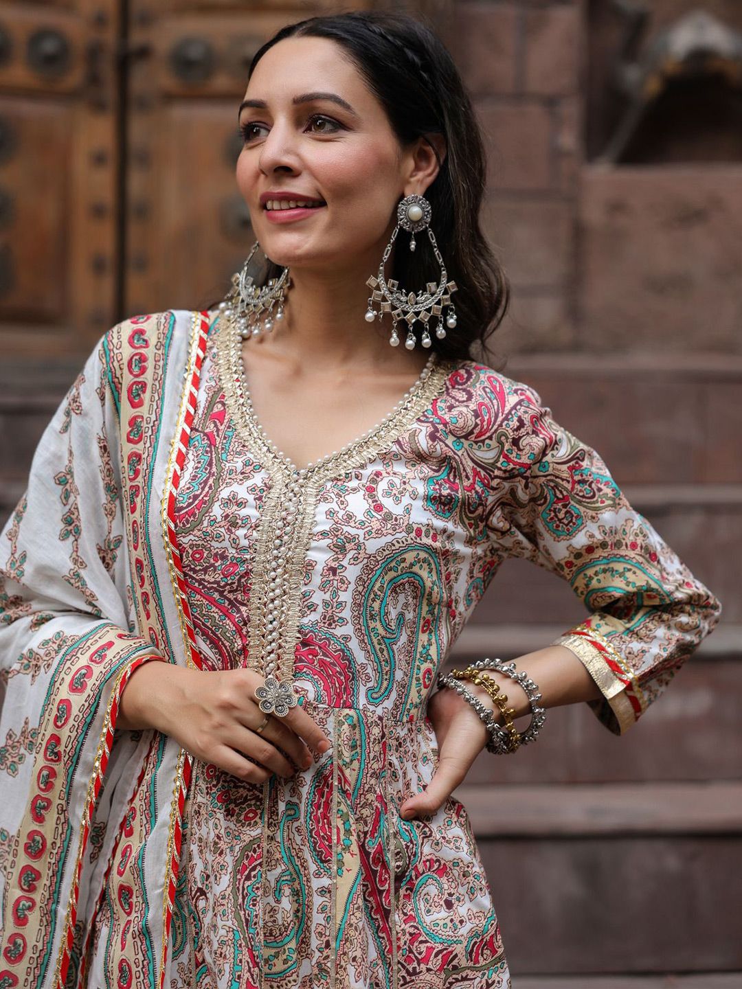Dhiyona RR Women's Paisley Printed Gotta Patti Pure Cotton Kurta with Trousers & Dupatta