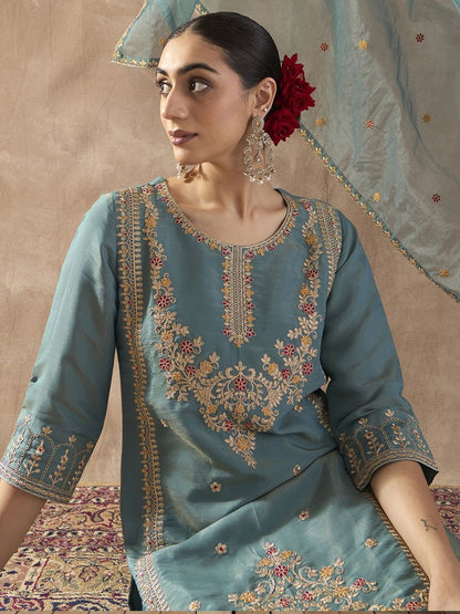 Ethnic Motifs Embroidered Round Neck Thread Work Kurta & Palazzos With Dupatta
