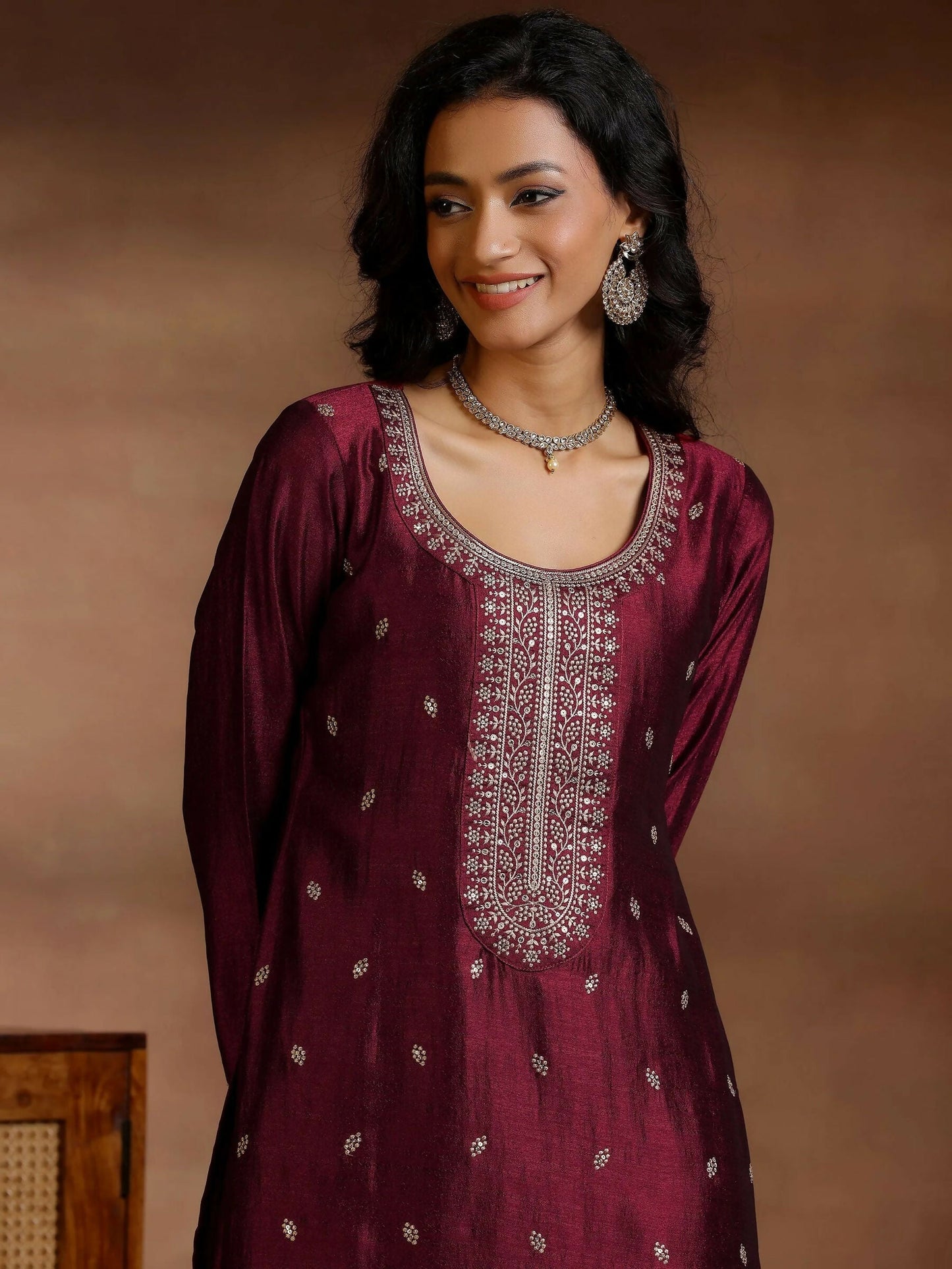 Women's LB Maroon Embroidered Silk Blend Straight Suits With Dupatta