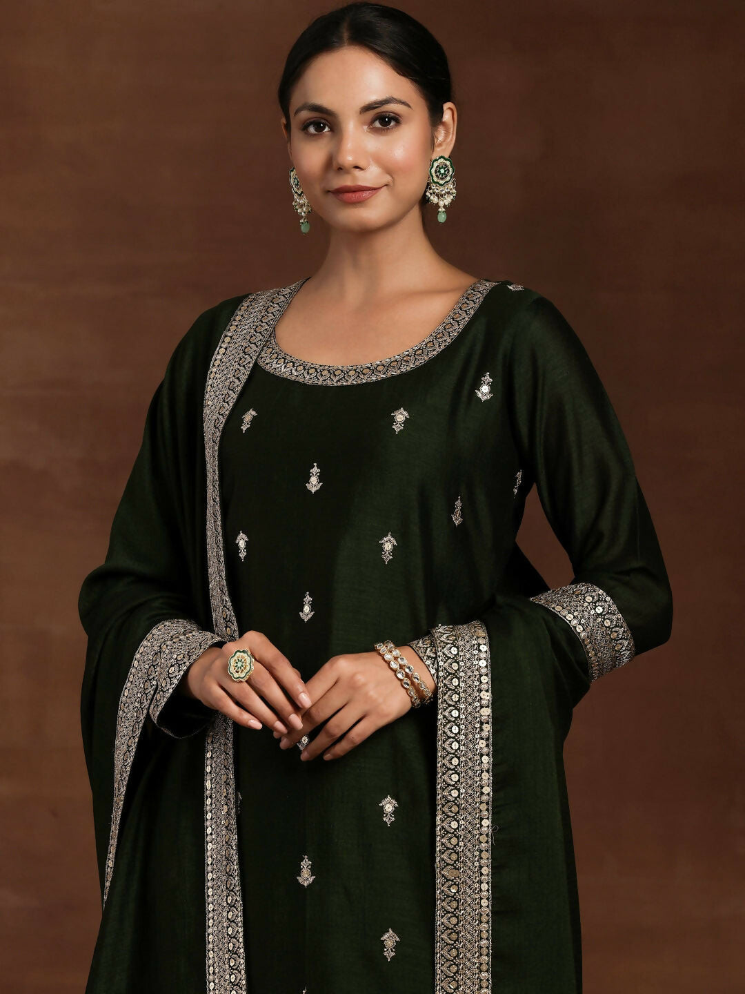 Women's LB Green Embroidered Silk Blend Straight Suit With Dupatta