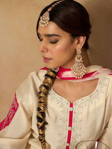 Women's Cream Embroidered Straight Kurta Trousers With Dupatta Set