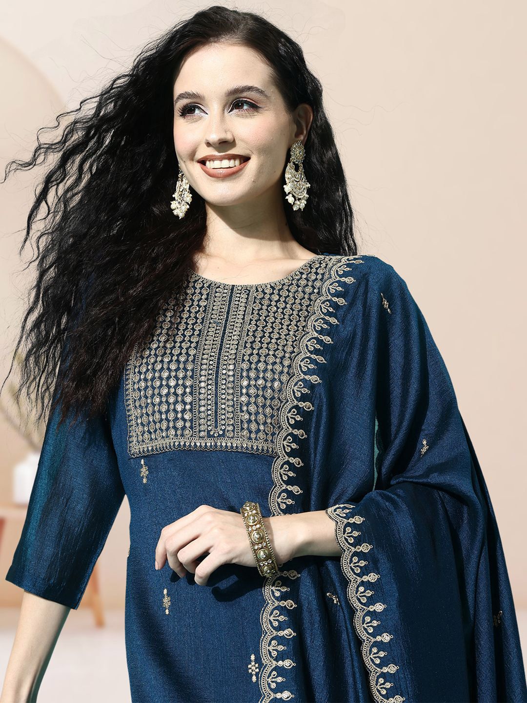 Dhiyona SN Embroidered Round Neck Kurta Palazzo with Dupatta