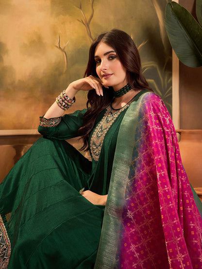 Zari & Sequin Embroidered A-Line Kurta & Trousers With Dupatta