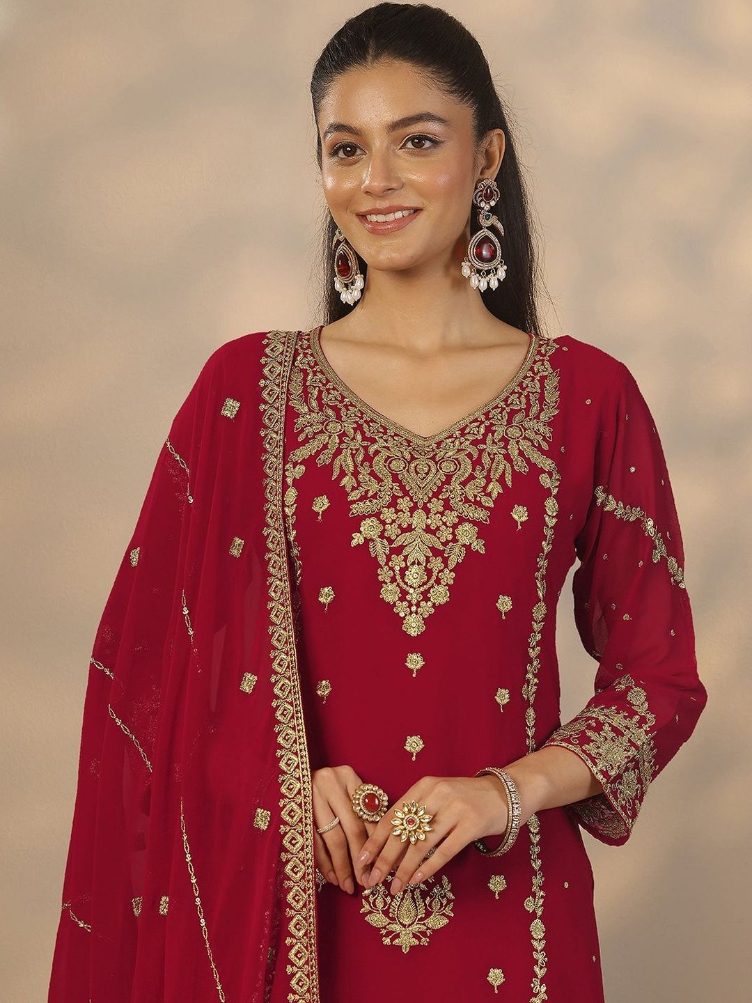 Dhiyona LL Women Ethnic Motifs Embroidered Regular Kurta with Sharara & With Dupatta