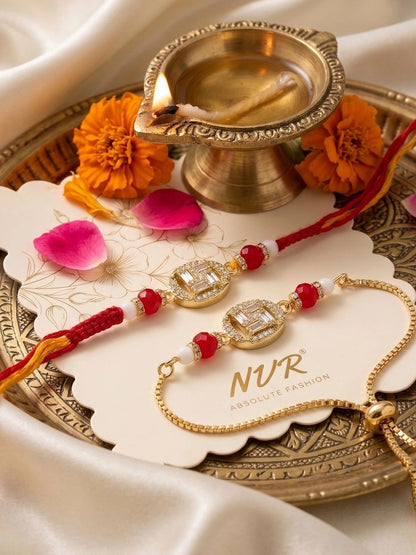Dhiyona Set Of 2 Artificial Stones & Beads Swastik Bhaiya Bhabhi Rakhi With Roli Chawal