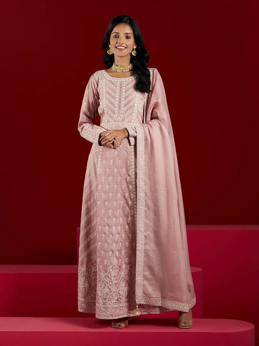 Women's LB Art Dusty Pink Embroidered Silk A-Line Kurta With Trousers & Dupatta