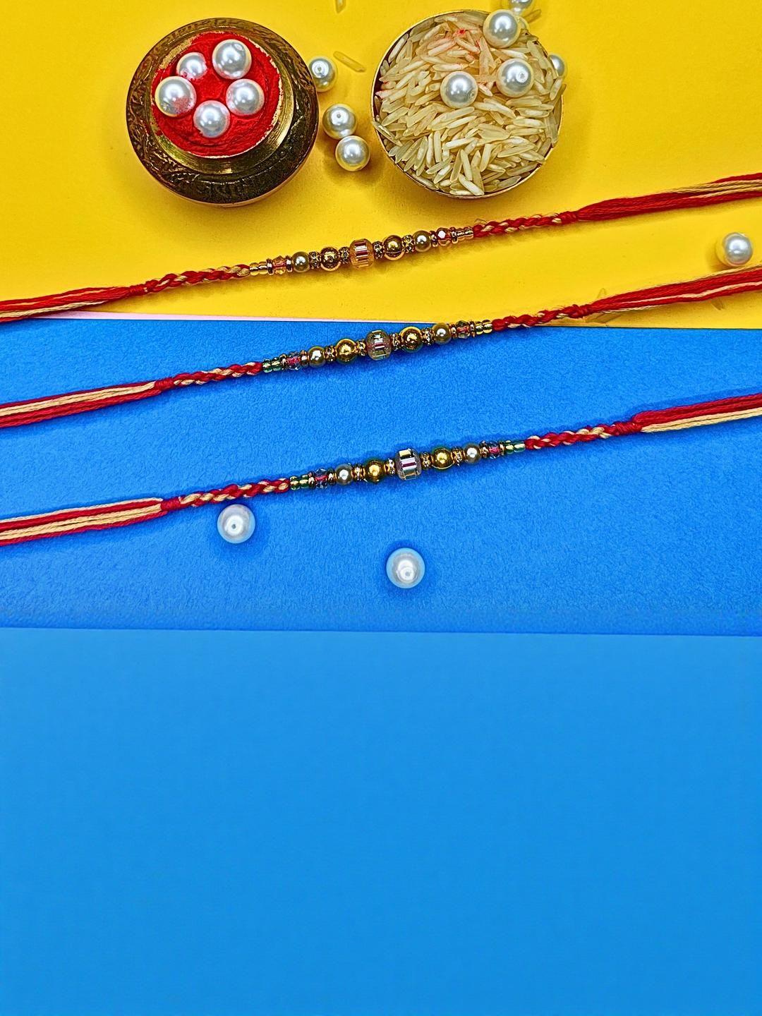 Dhiyona Set Of 3 Beaded Cotton Thread with AD Stones & Meenakari Designer Rakhi for Brother