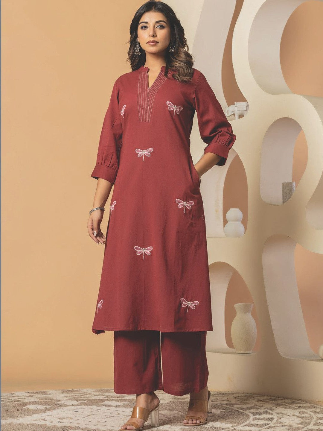 Women Embroidered Regular Thread Work Pure Cotton Kurta with Palazzos