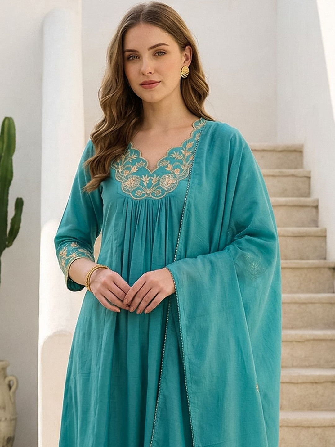 Women Ethnic Motifs Embroidered Pleated Thread Work Pure Cotton Kurta with Trousers & With Dupatta