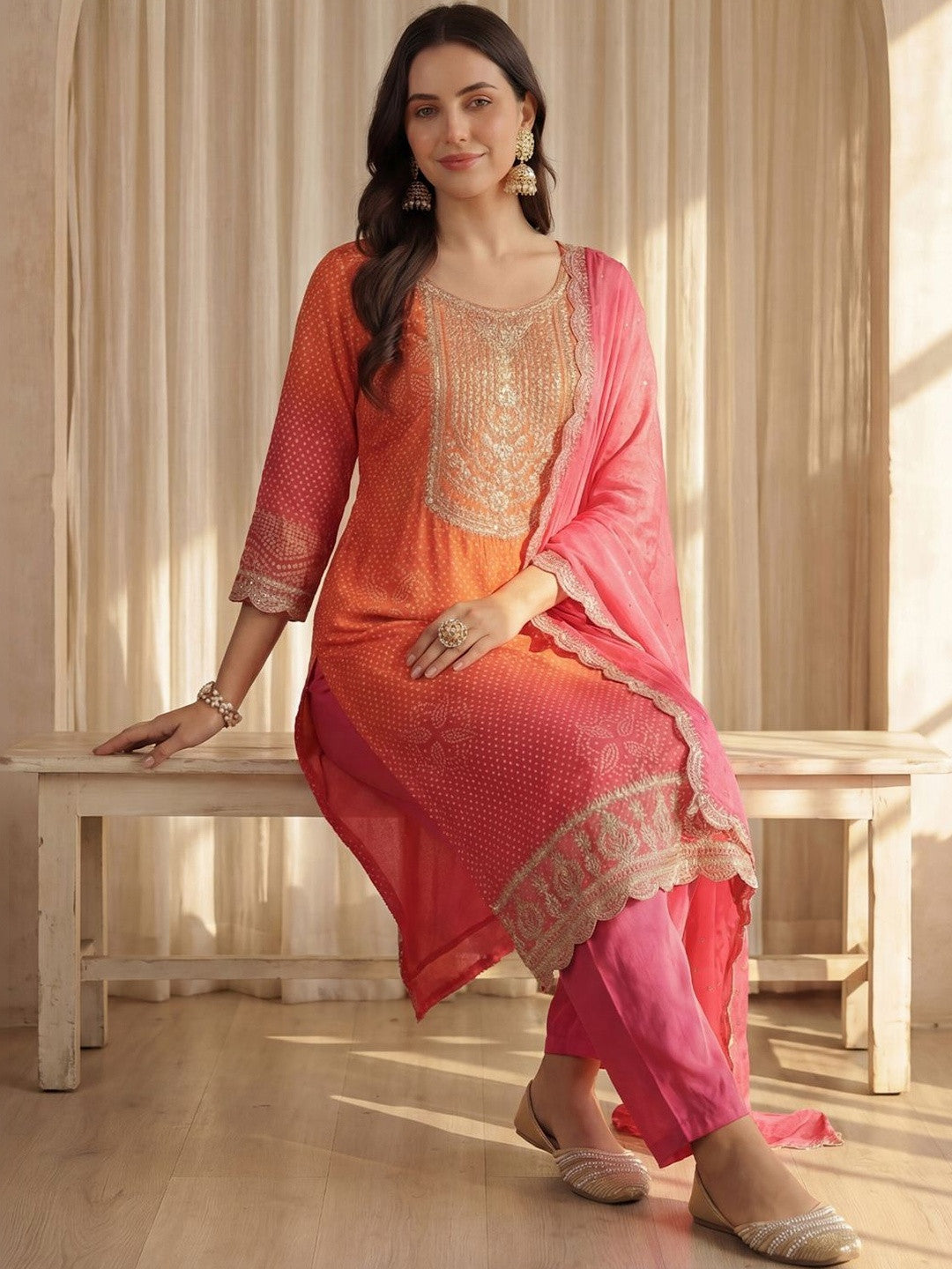 Women Bandhani Printed Regular Sequinned Kurta with Trousers & With Dupatta