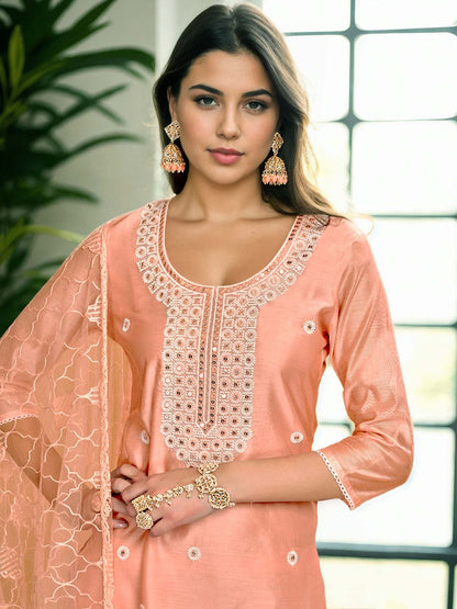 Dhiyona AN Coral Floral Embroidered Chanderi Cotton Straight Kurta With Sharara & Dupatta