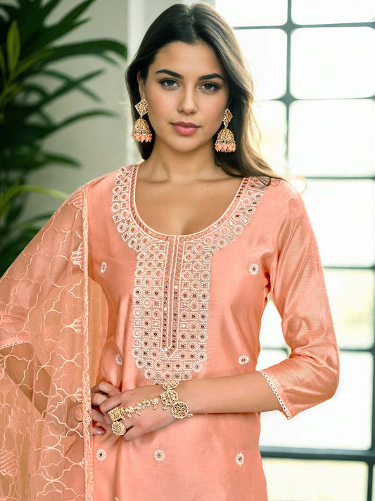 Dhiyona AN Coral Floral Embroidered Chanderi Cotton Straight Kurta With Sharara & Dupatta