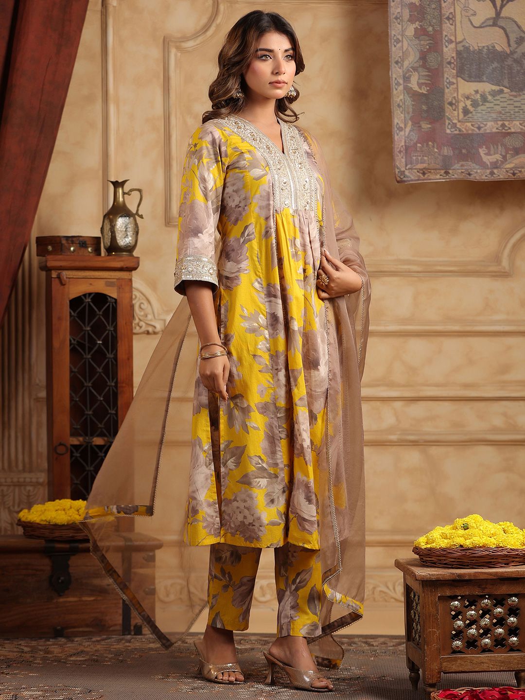 Dhiyona RR Women's Floral Printed Sequinned Pure Cotton Anarkali Kurta with Trousers & Dupatta