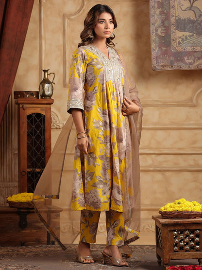 Dhiyona RR Women's Floral Printed Sequinned Pure Cotton Anarkali Kurta with Trousers & Dupatta