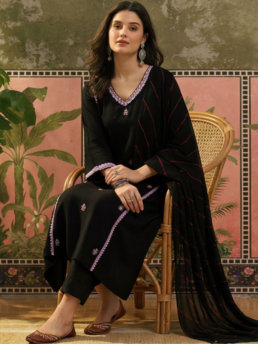 Embroidered V-Neck A-Line Kurta & Trousers With Dupatta