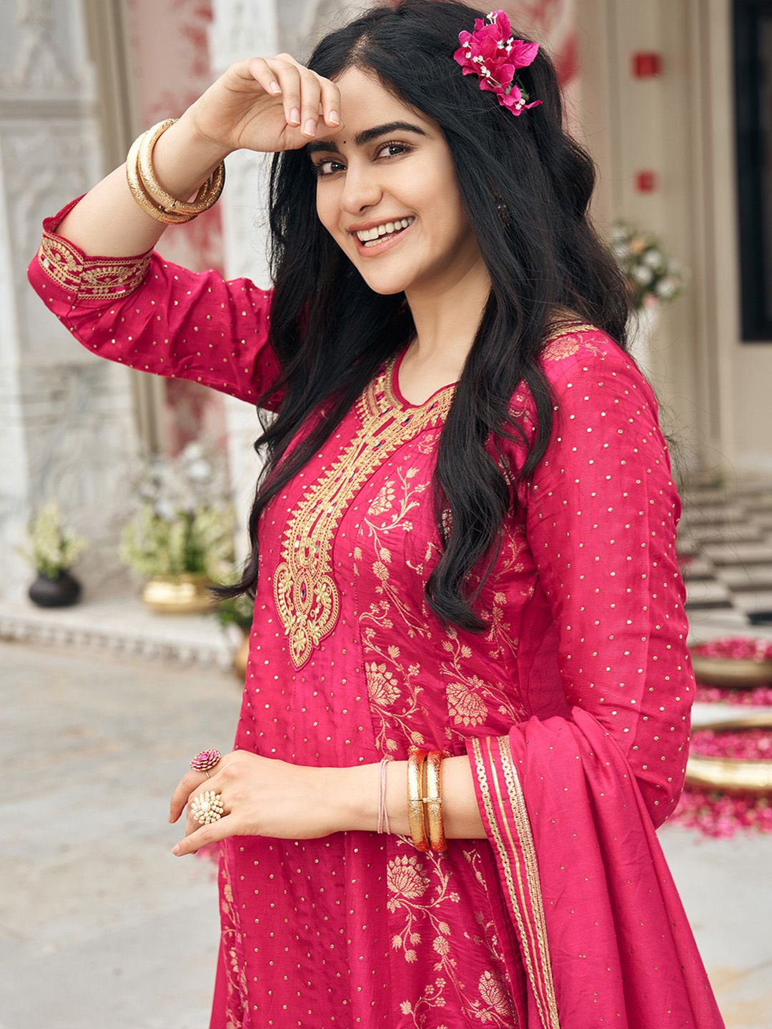 Dhiyona CH Ethnic Motifs Embroidered Round Neck Anarkali Kurta With Trousers & Dupatta
