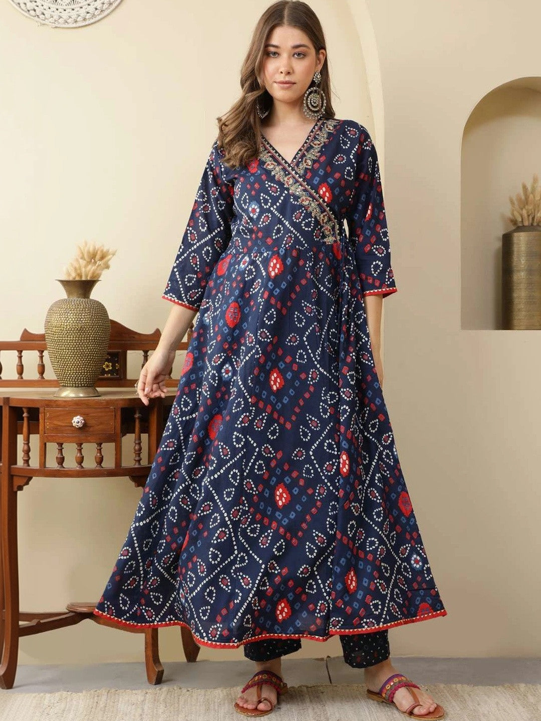 Women Printed Angrakha Thread Work Pure Cotton Kurta with Trousers & With Dupatta