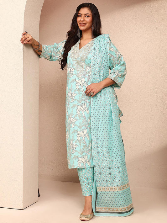 Dhiyona Women's Plus Size Floral Printed Regular Kurta with Trousers & With Dupatta