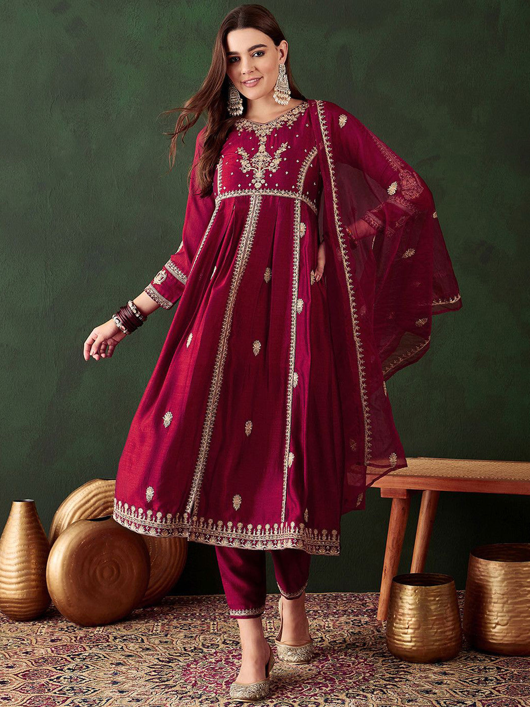 Women Embroidered A-Line Kurta Trousers & Dupatta