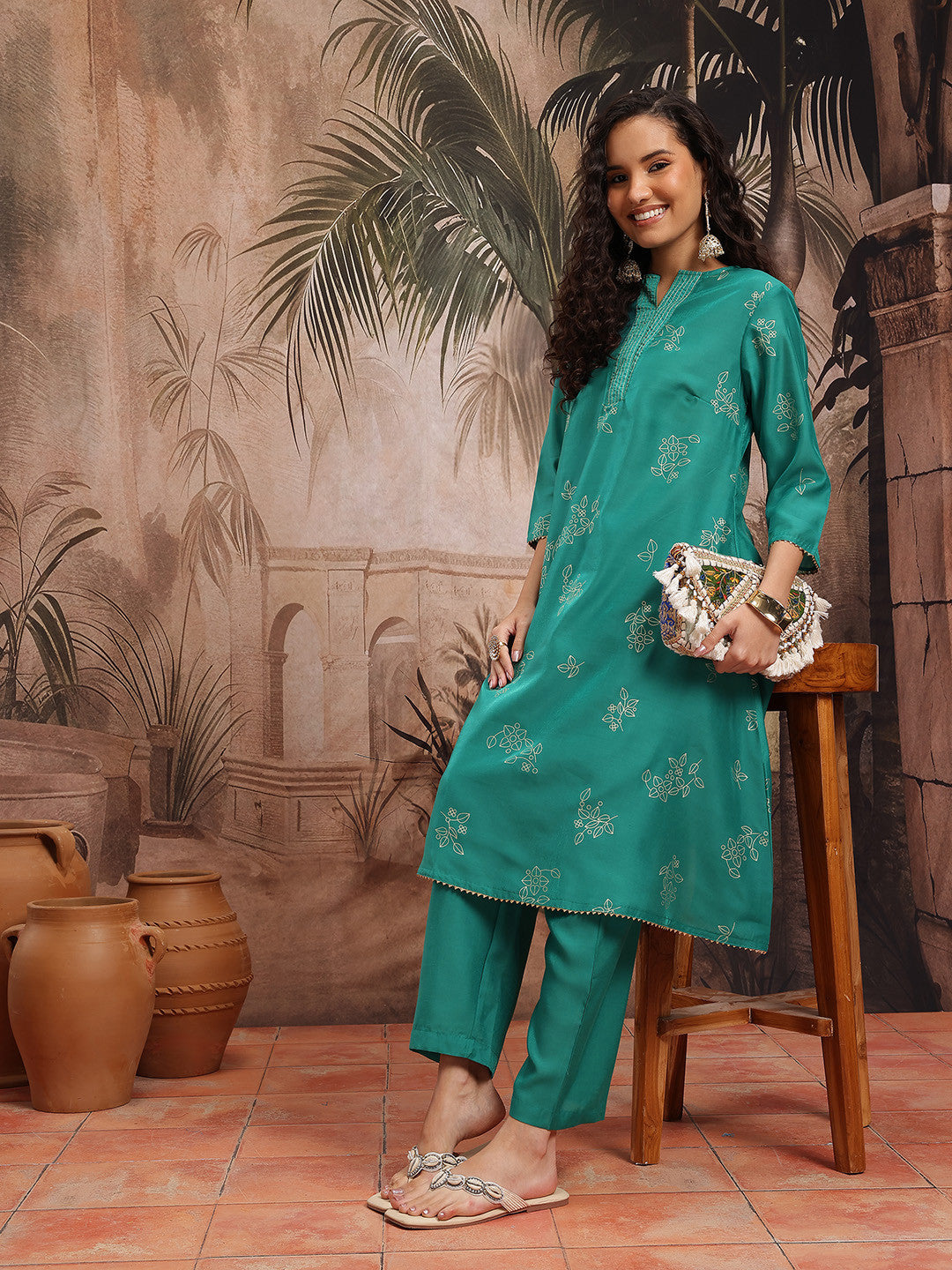 Floral Foil Printed A-Line Kurta with Trousers