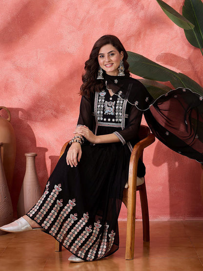Ethnic Motifs Embroidered V-Neck Straight Kurta With Trouser And Dupatta