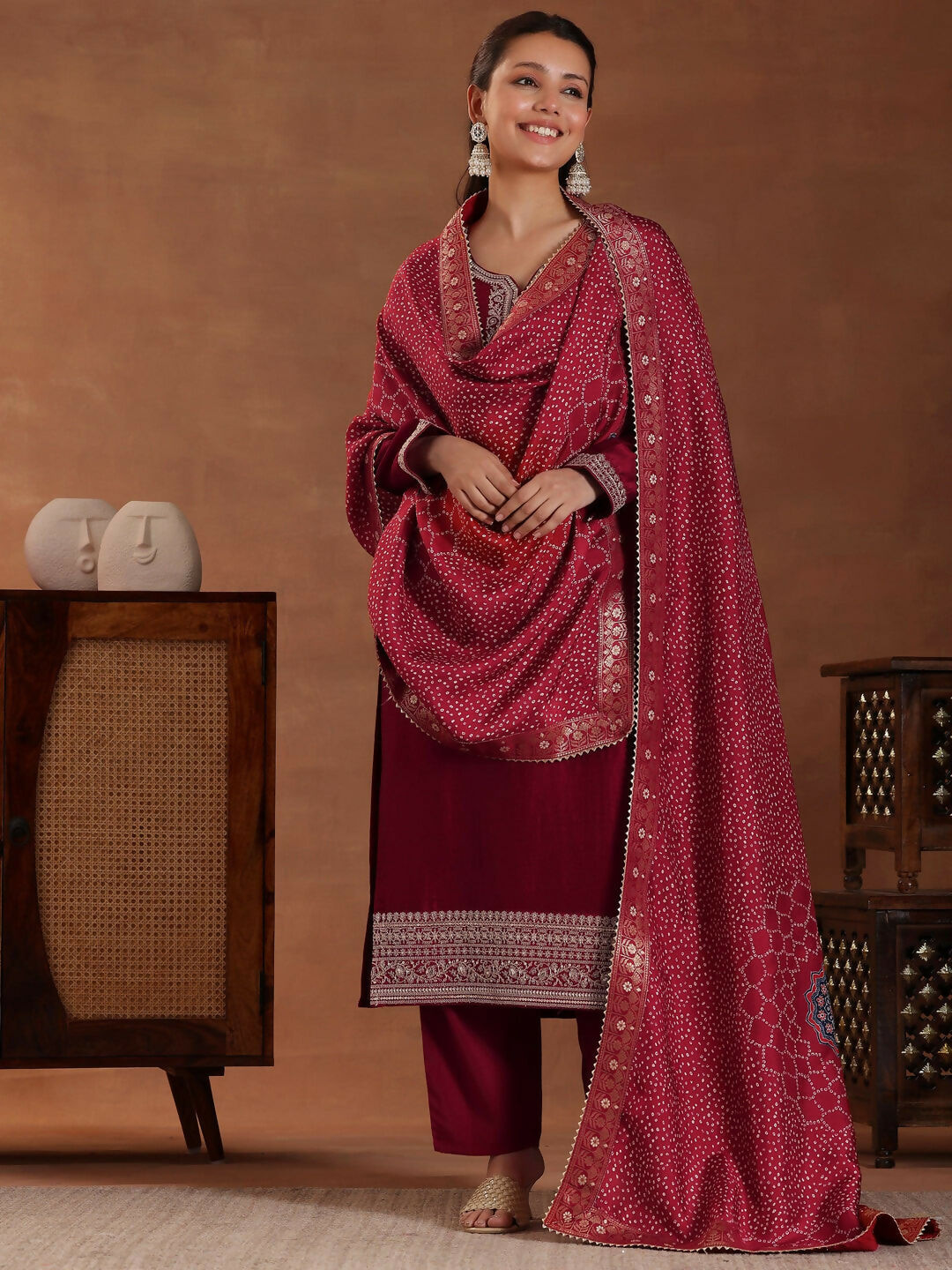 Women's LB Maroon Embroidered Silk Blend Straight Suit With Dupatta