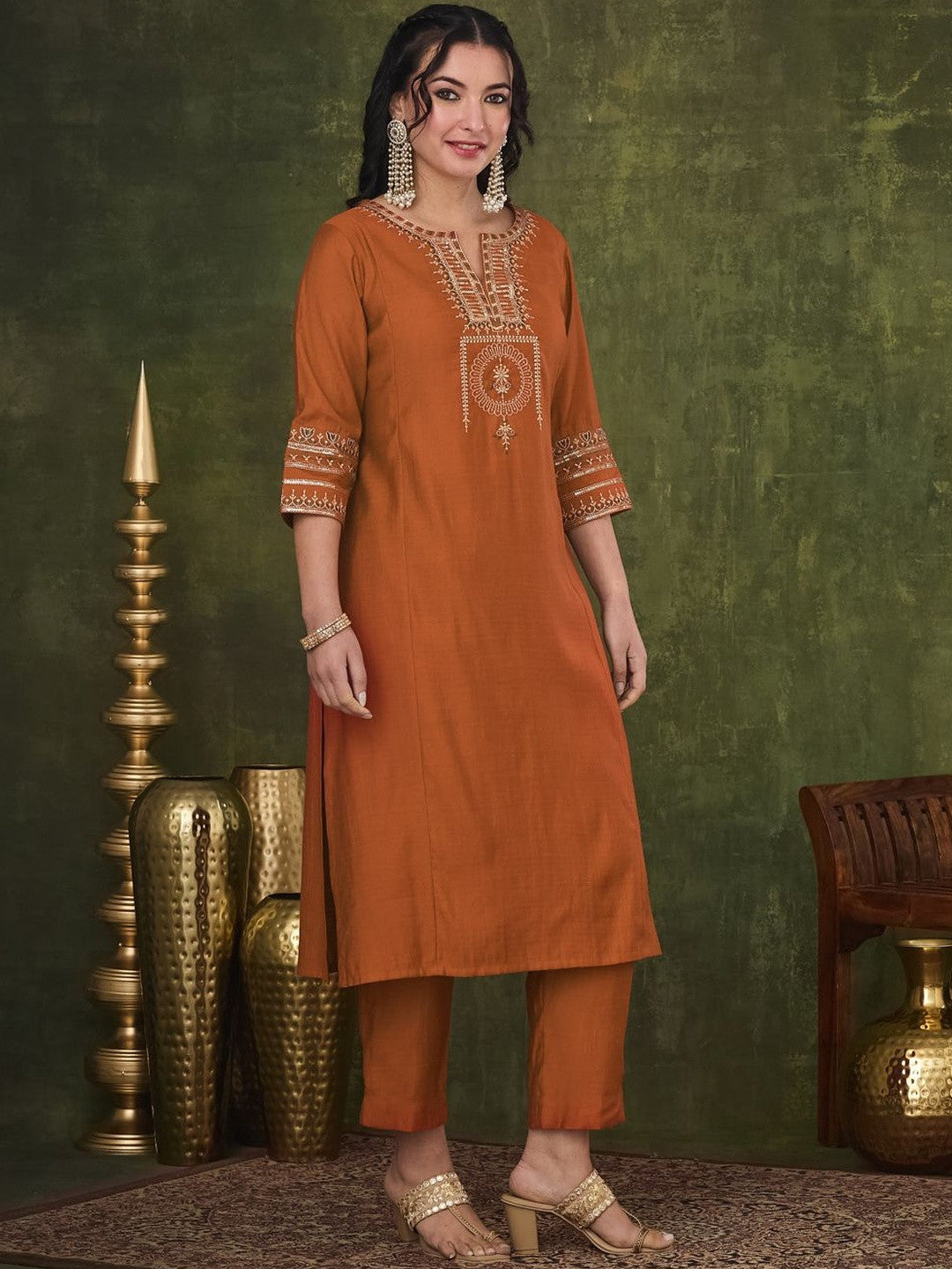 Embroidered Notched Neck Kurta & Trousers With Dupatta