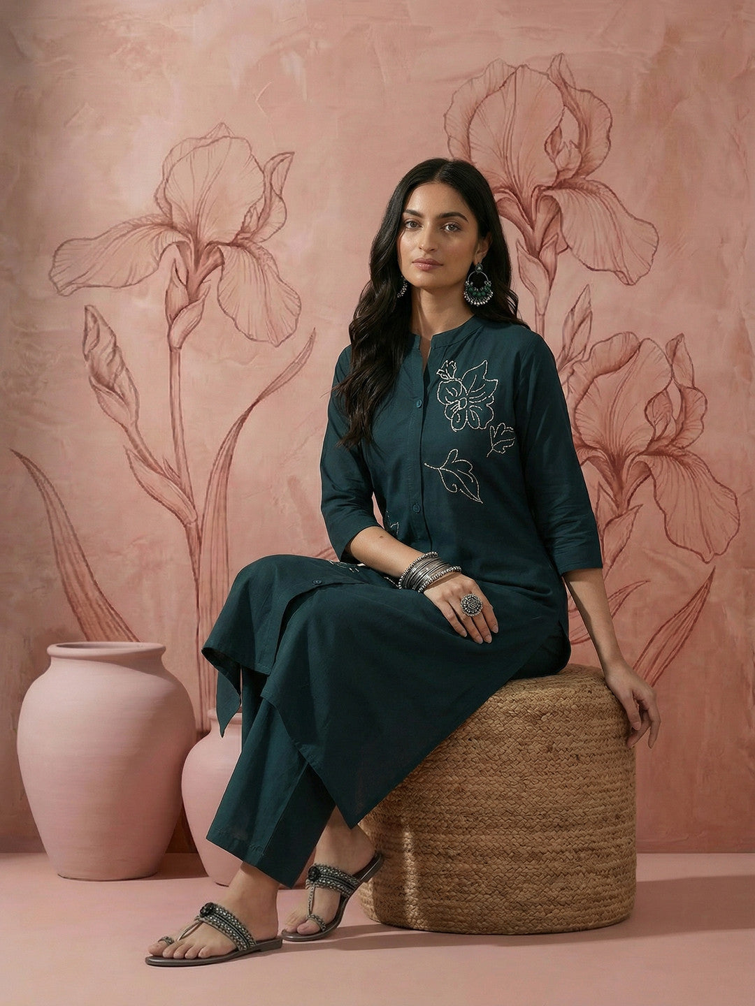 Floral Embroidered Regular Pure Cotton Kurta with Trouser