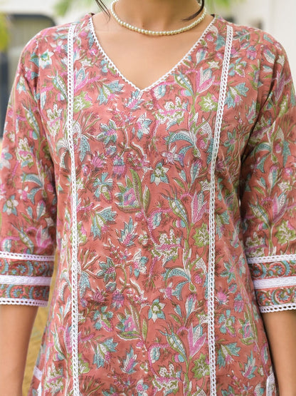 Dhiyona KL Floral Printed V-Neck Pure Cotton Kurta with Trouser And Dupatta