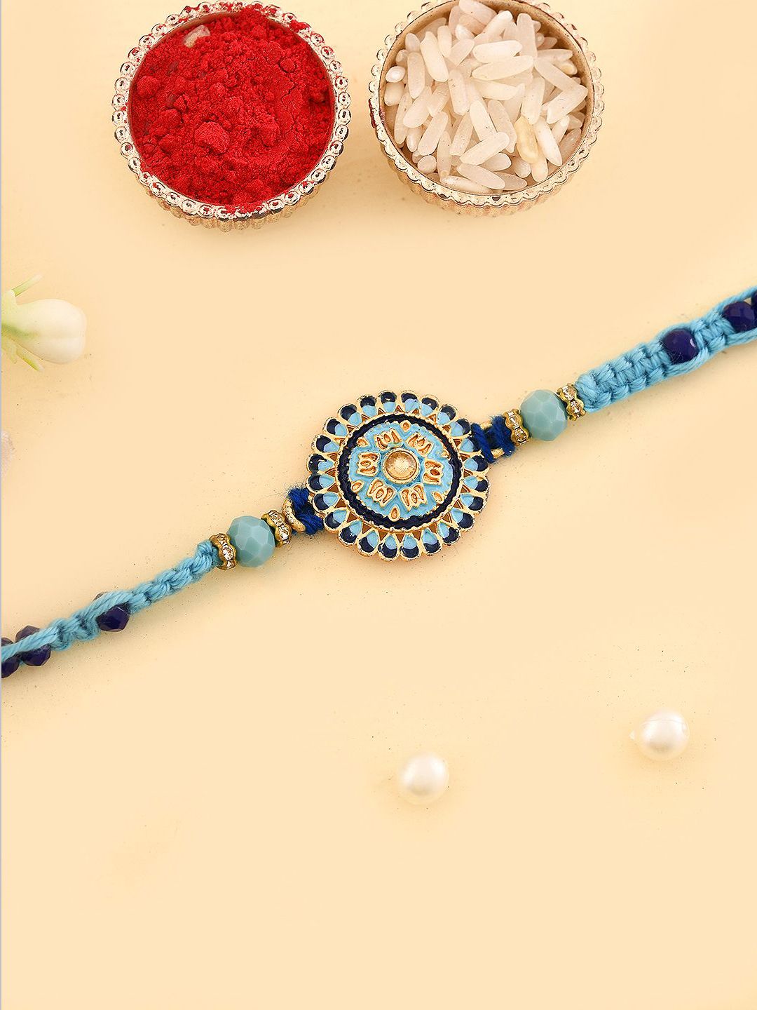 Dhiyona Enameled Beaded Thread Rakhi With Roli Chawal & Greetings Card