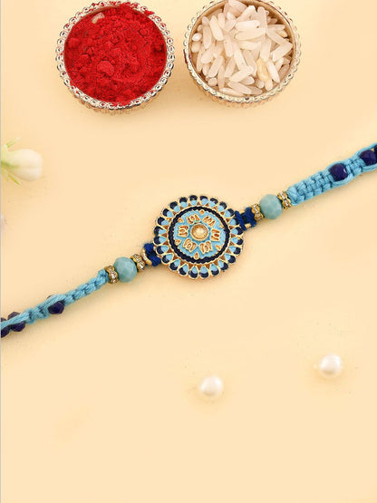 Dhiyona Enameled Beaded Thread Rakhi With Roli Chawal & Greetings Card