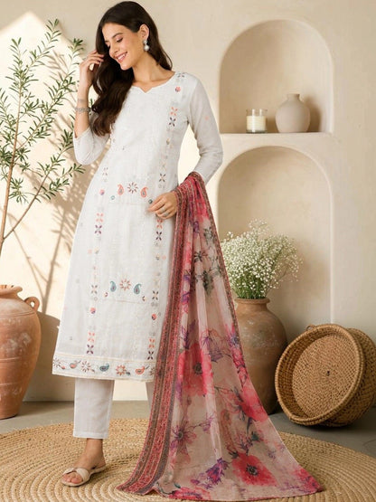 Women Ethnic Motifs Embroidered Regular Thread Work Pure Cotton Kurta with Trousers & With Dupatta