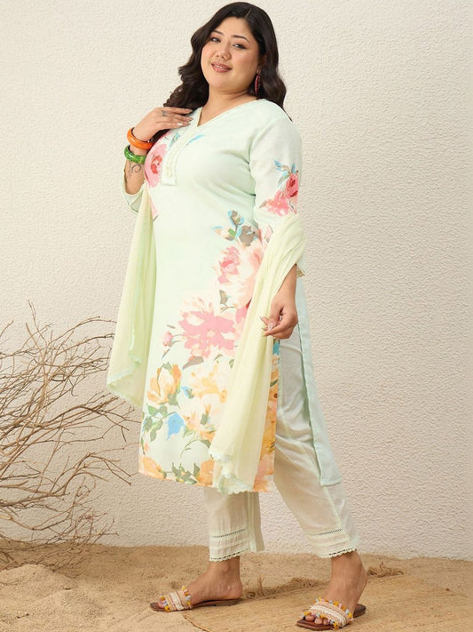 Dhiyona Women's Floral Printed Regular Kurta with Trousers & With Dupatta