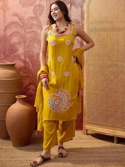 Women Ethnic Motifs Embroidered Regular Thread Work Pure Cotton Kurta with Palazzos & With Dupatta