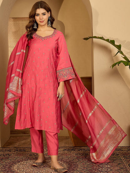 Women Ethnic Motifs Embroidered Regular Kurta & Trousers With Dupatta