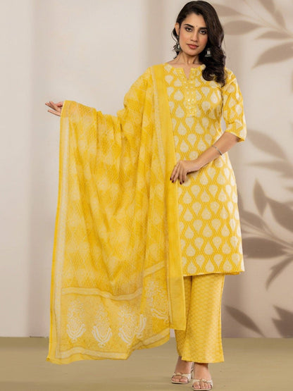 Women Ethnic Motifs Printed Regular Sequinned Pure Cotton Kurta with Trousers & With Dupatta