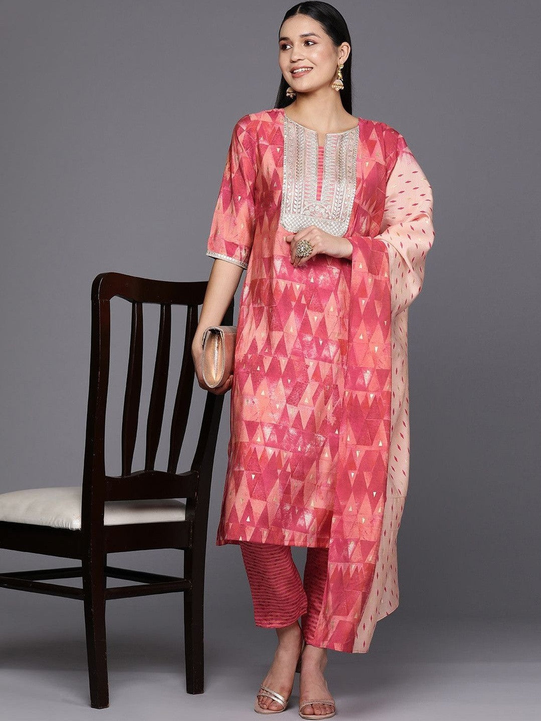 Women Printed Regular Sequinned Kurta with Trousers & With Dupatta