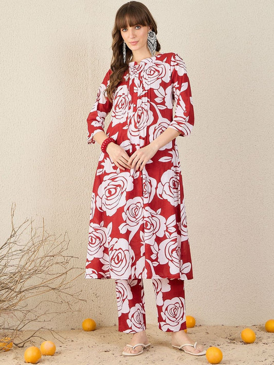 Floral Printed Pleated Mandarin Collar Pure Cotton A-Line Kurta with Trousers