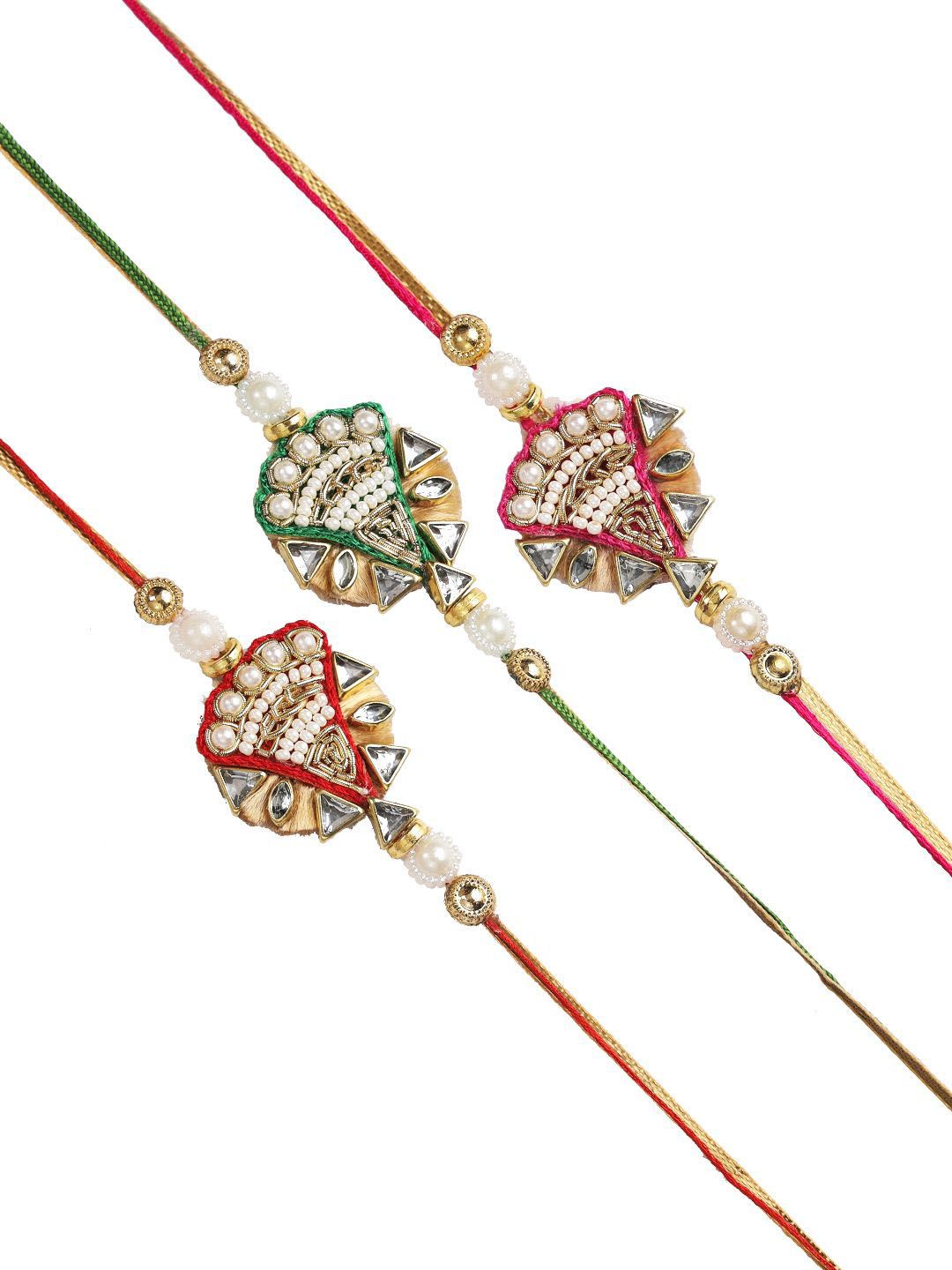 Dhiyona Red Set Of 3 Beaded & Embellished Thread Rakhi With Roli Chawal & Greeting Card