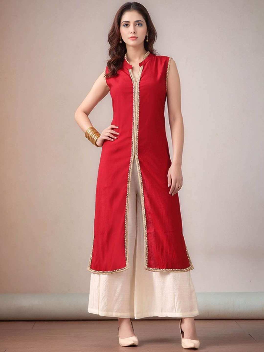 Dhiyona SN Mandarin Collar Sleeveless Gotta Patti Straight Kurta With Palazzo
