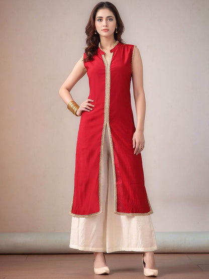 Mandarin Collar Sleeveless Gotta Patti Straight Kurta With Palazzo