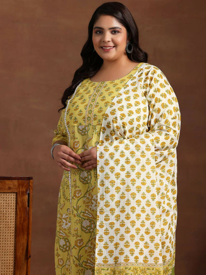 Women's LB Plus Size Yellow Printed Cotton Straight Suit With Dupatta