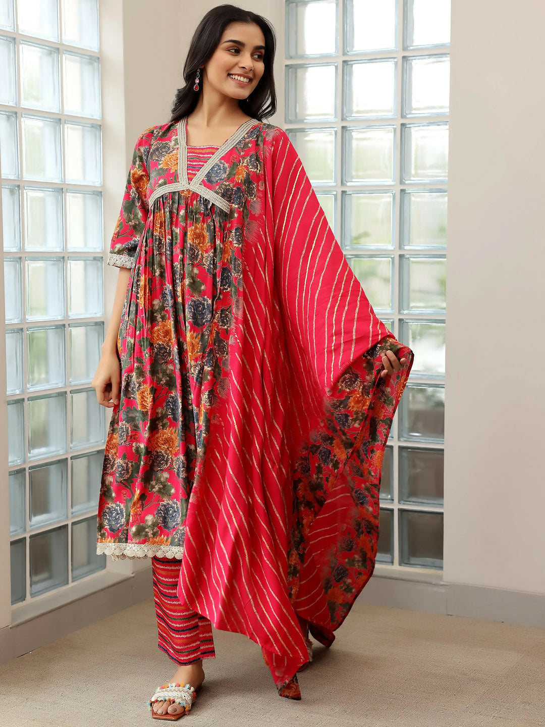 Women's LB Pink Printed Silk Blend A-Line Kurta With Trousers & Dupatta