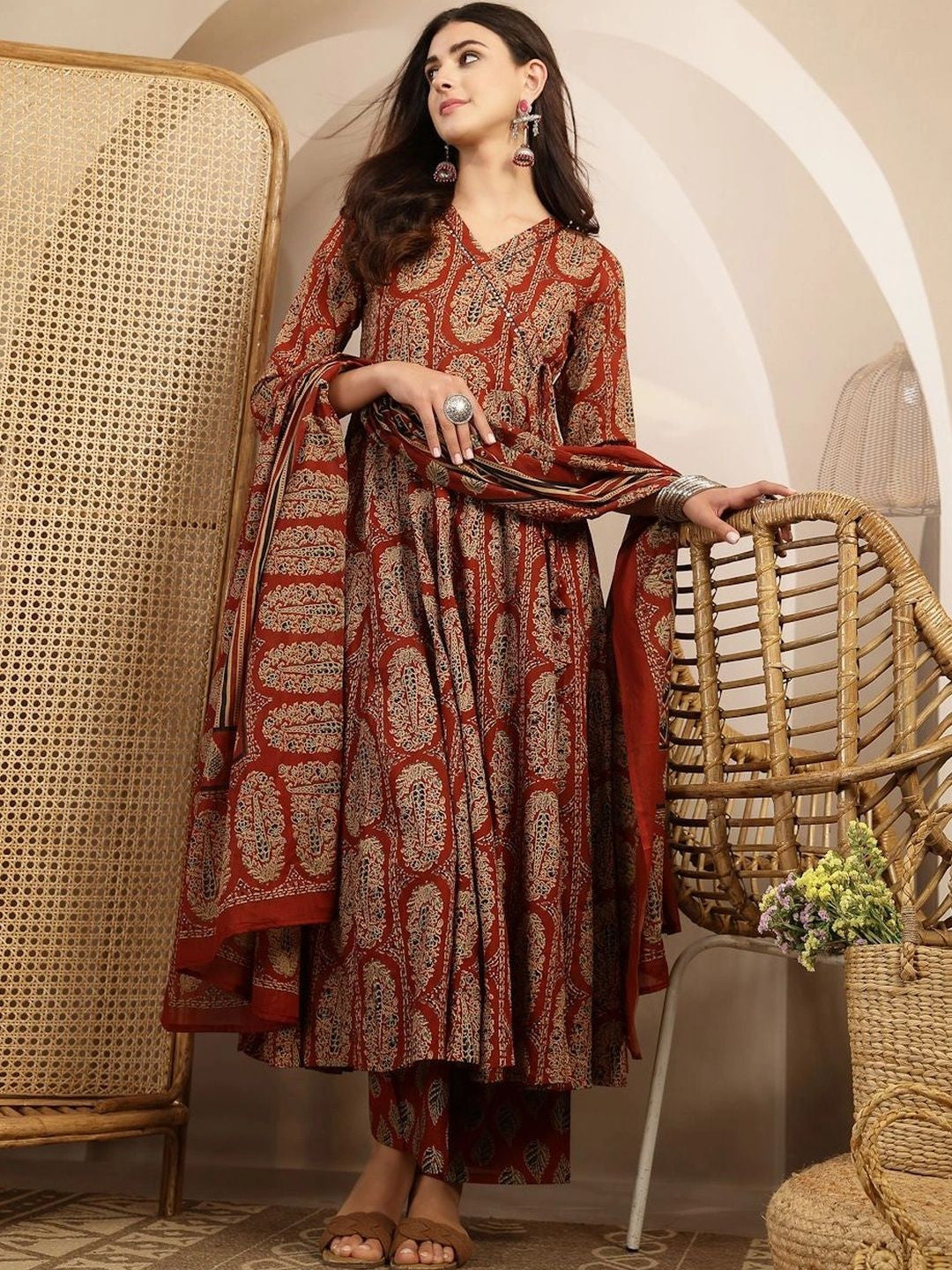 Women Ethnic Motifs Printed Angrakha Kurta with Trousers & With Dupatta