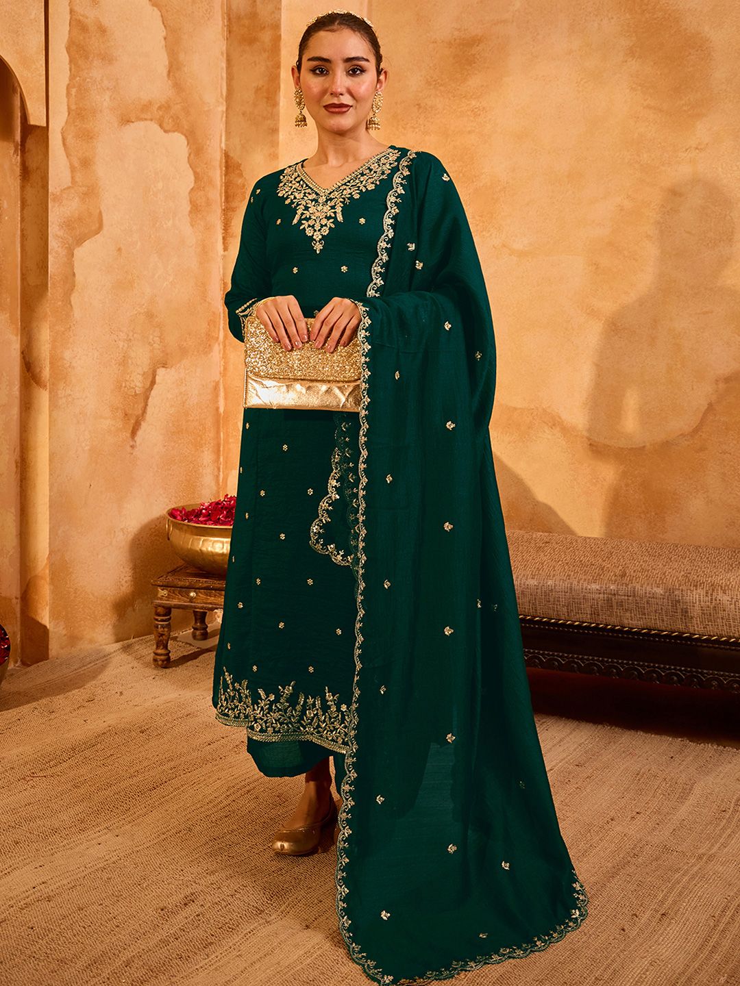 Dhiyona KL Women Ethnic Motifs Embroidered Regular Thread Work Kurta with Palazzos & With Dupatta
