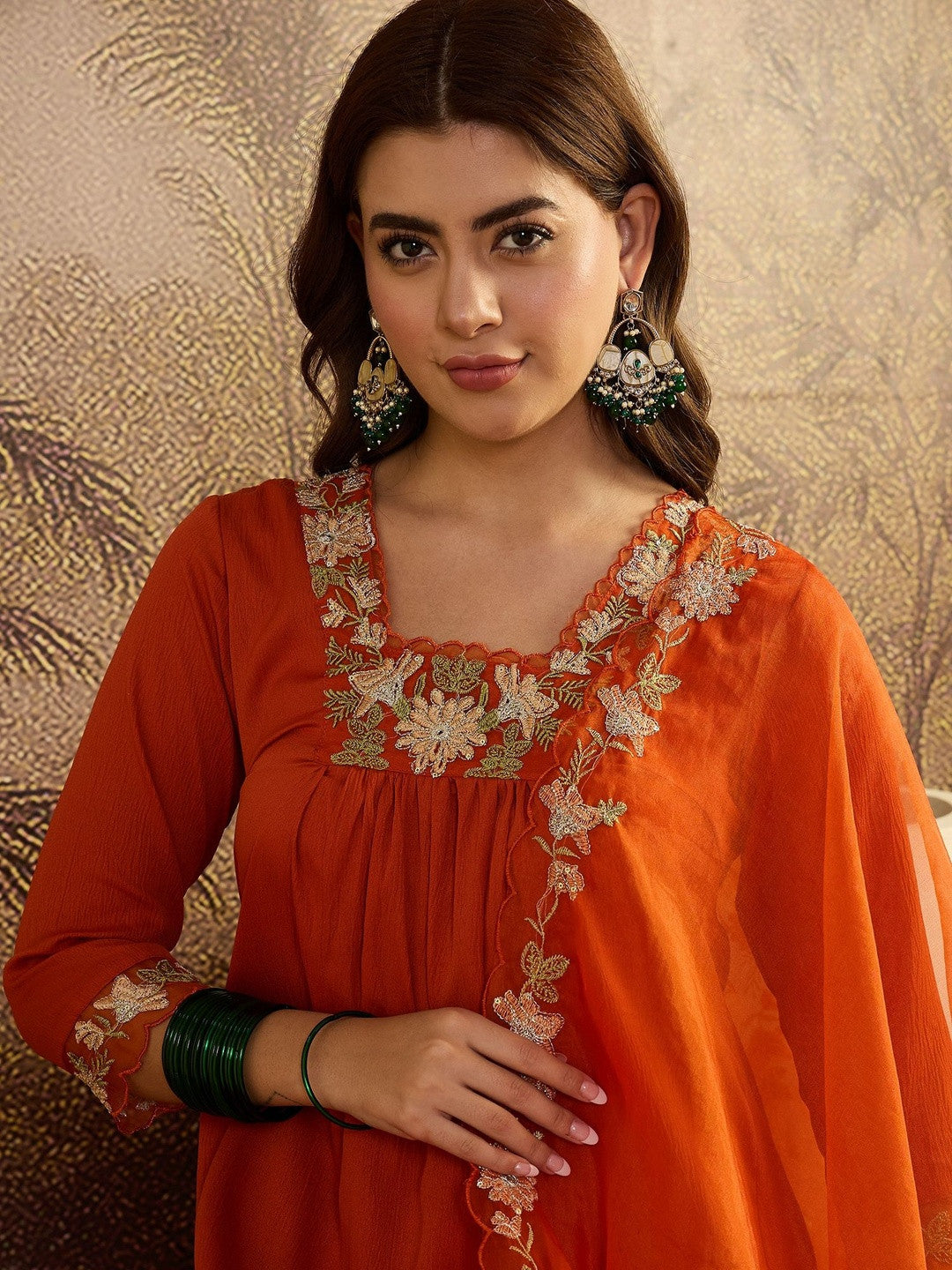 Floral Embroidered Kurta & Trousers with Dupatta Set