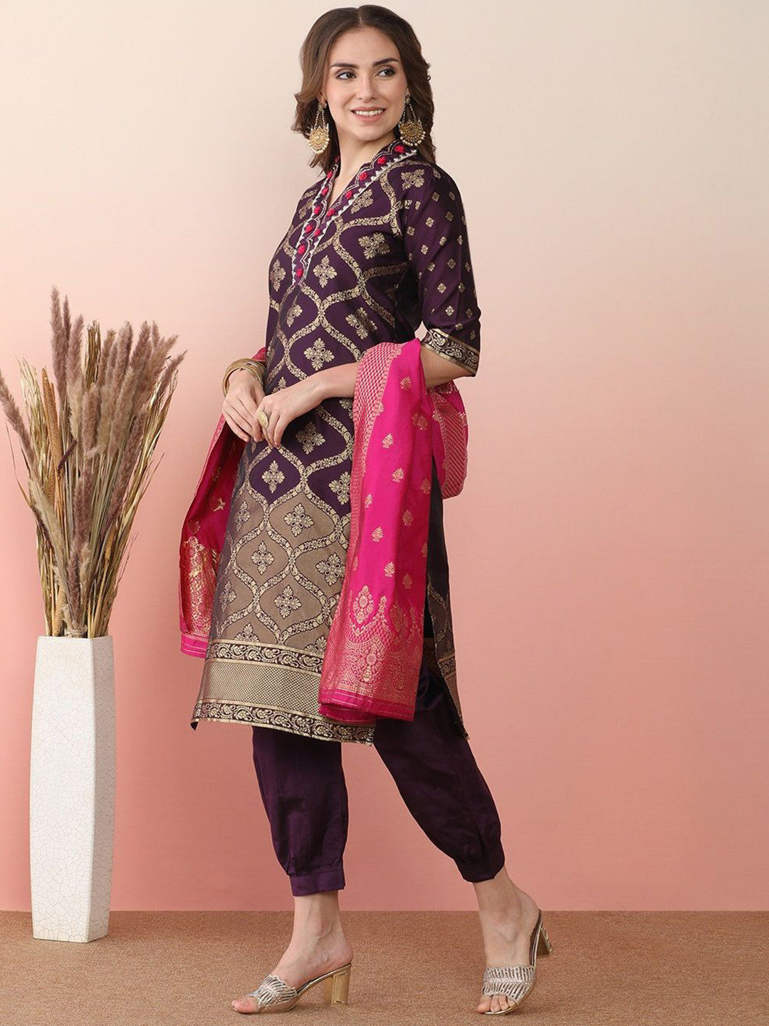 Woven Design Embroidered Banarasi Straight Kurta With Salwar & Dupatta